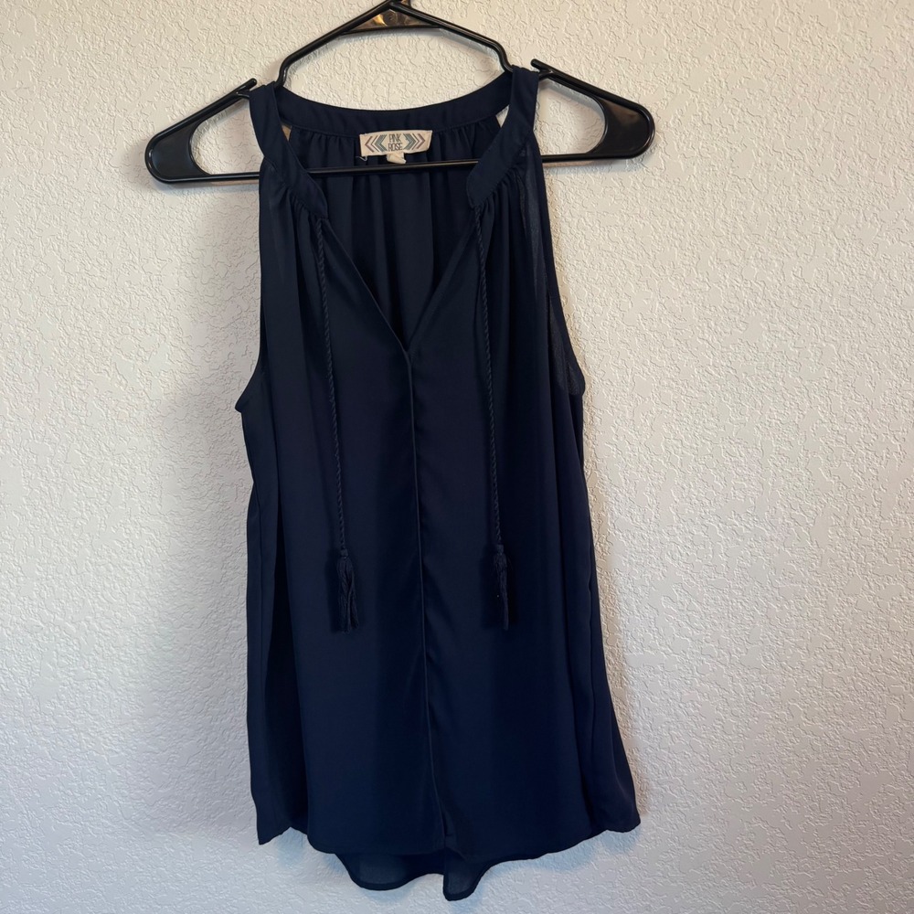 Sleeveless Blouse Womens Large Navy Blue Tassel‎ Tie Halter Neck Top